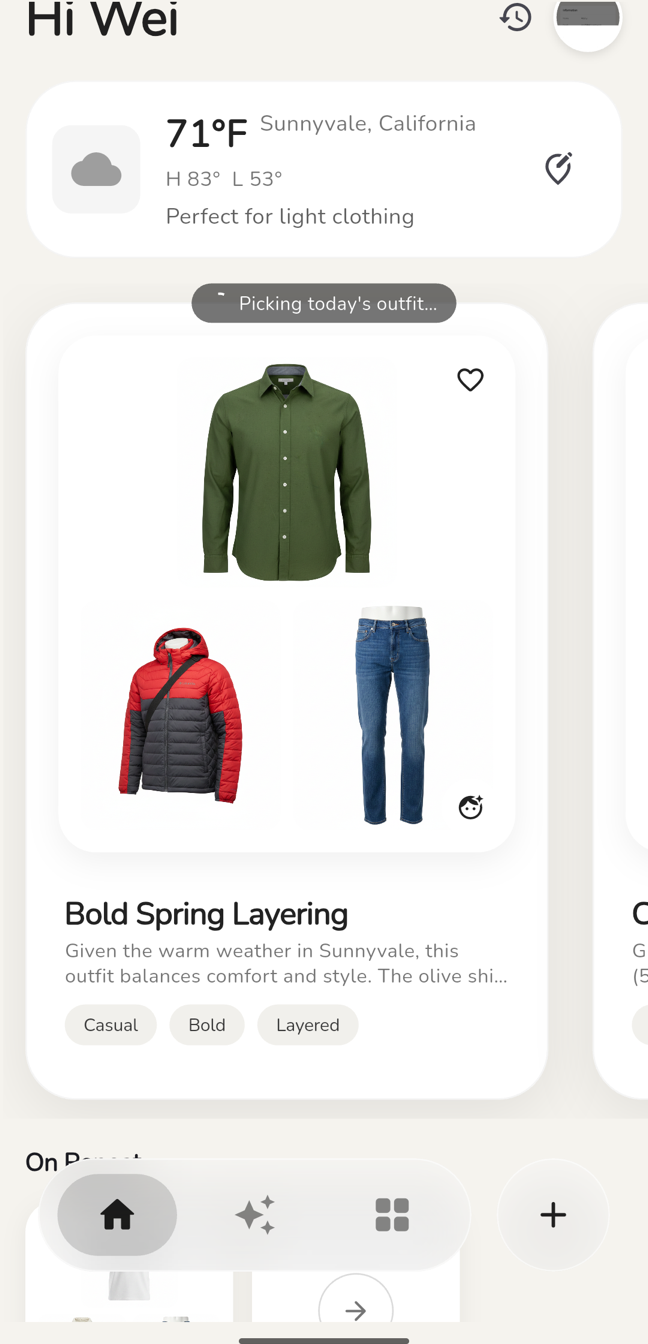 AI Closet recommending a 'Bold Spring Layering' outfit with an olive shirt, red puffer, and denim.