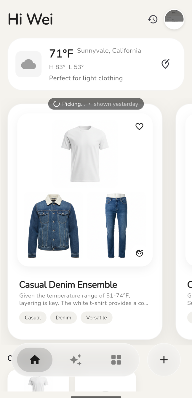 AI Closet home screen showing a denim recommendation for 71°F in Sunnyvale.