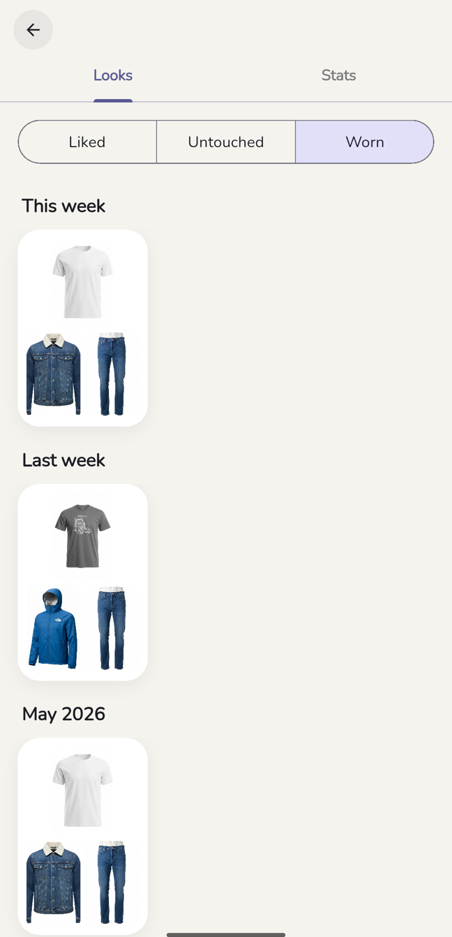 AI Closet 'Worn' log showing outfits worn this week and last week.